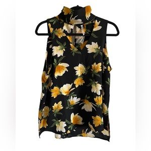 NWT-Black Floral Print Halter V-Neck with Gold Button Detail-Size L